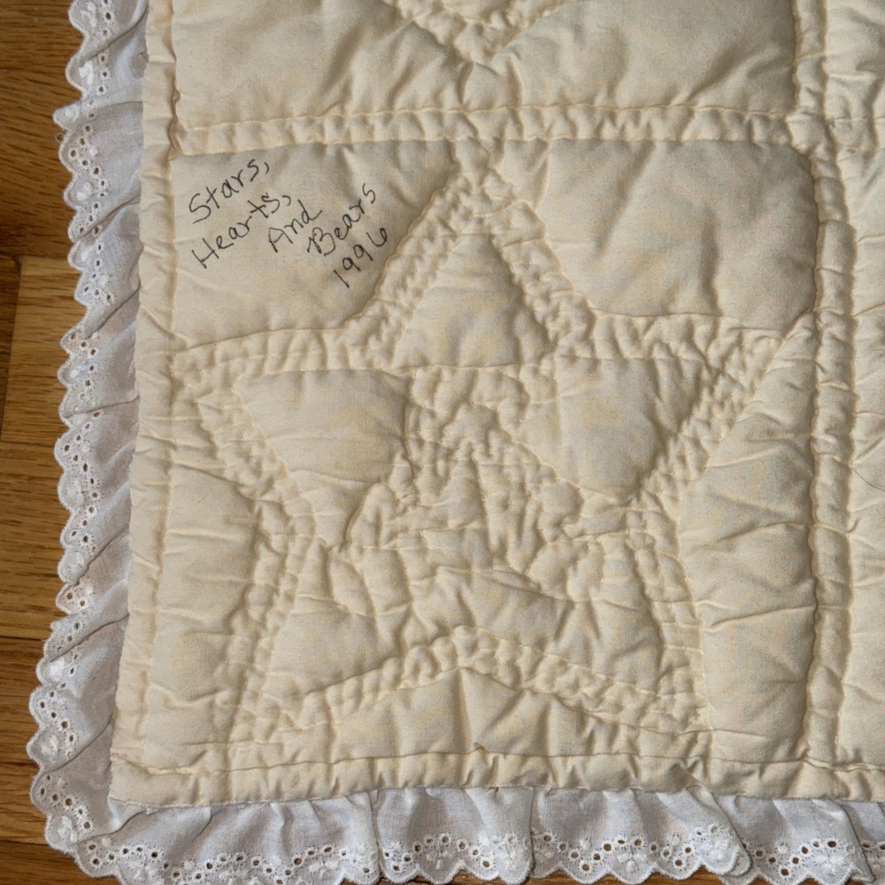 Handmade Teddy Bear Baby Quilt Pastel Crib Blanket Nursery 56x37 Vtg Cottagecore - Picture 14 of 16